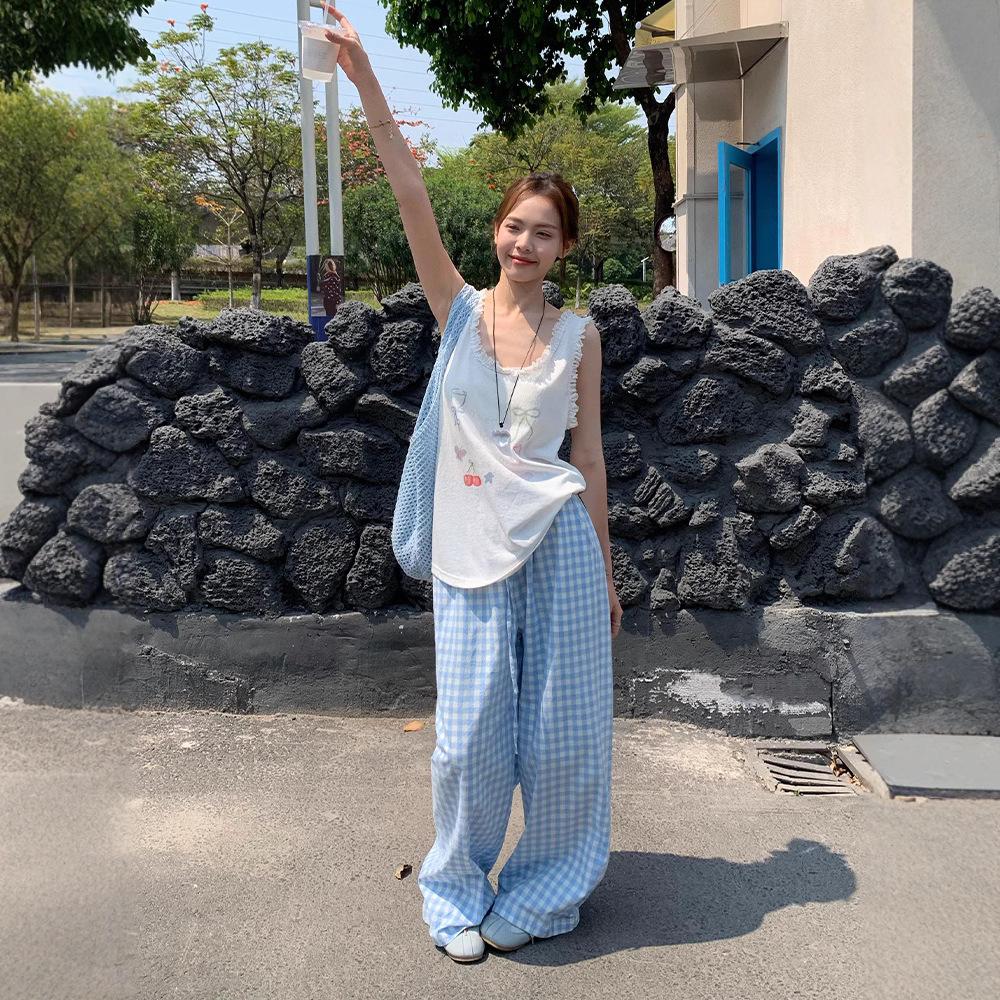 Song Zhengen Women’s High Waist Light Blue Plaid Wide-Leg Summer Pants