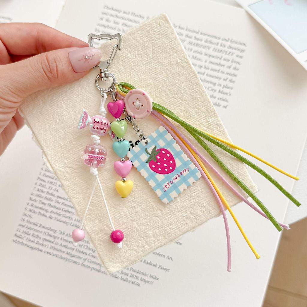 Dopamine Strawberry Heart Keychain: Cute Candy Pendant with Tassel - Small Gift Bag Accessory