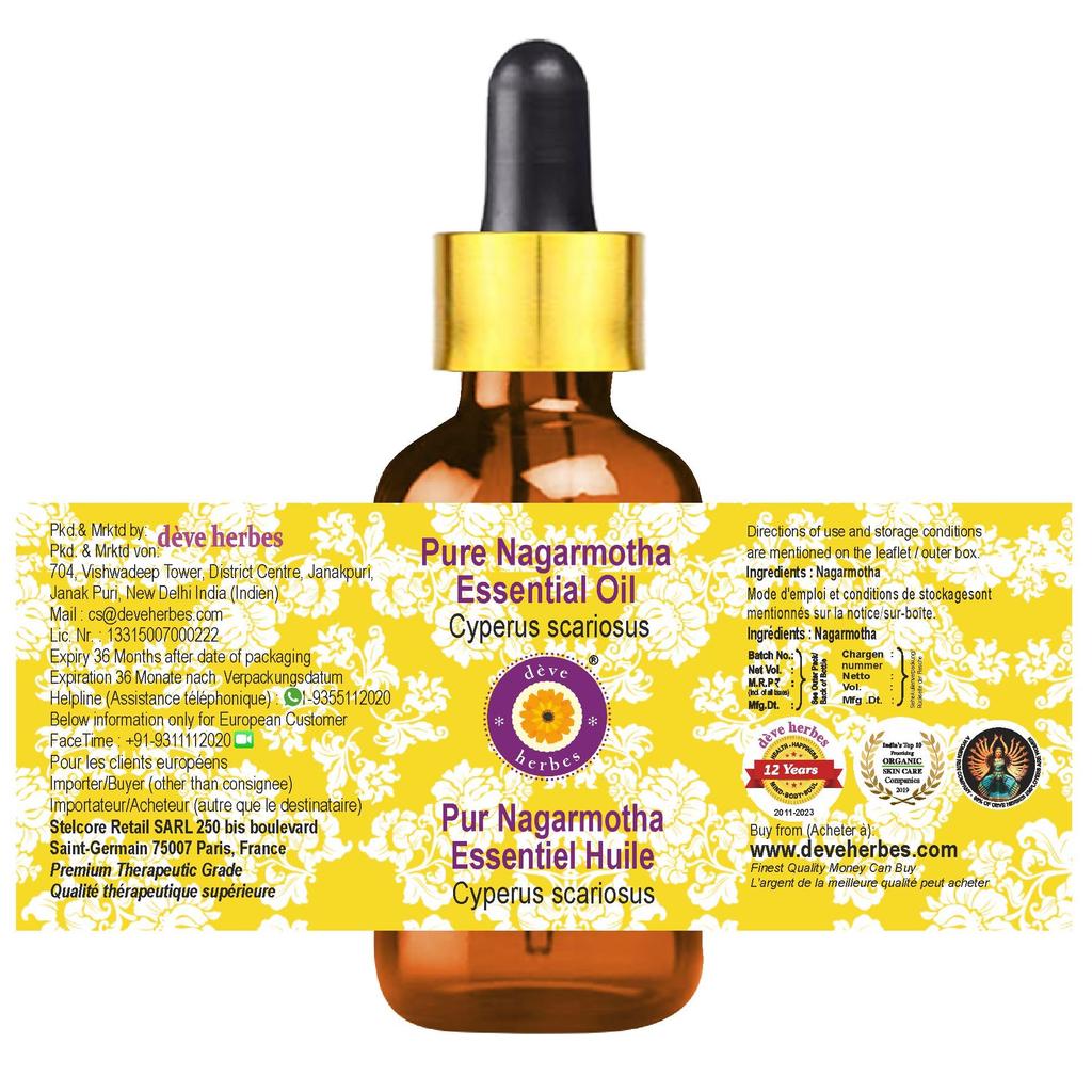 Aceite Esencial de Nagarmotha Deve Herbes (Ciperus scariosus) con Gotero de Vidrio Puro | No Pegajoso | No Graso | Ligero | Hombres y Mujeres | Todas las Pieles