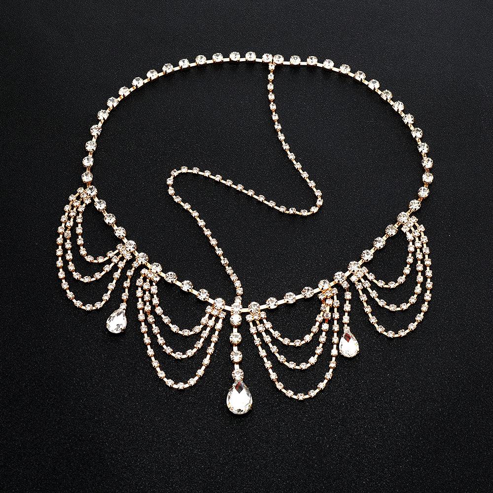 Accesorii de păr exagerate cu franjuri complete cu picături de apă, cu lanț pentru frunte în formă de mireasă, bandă de păr