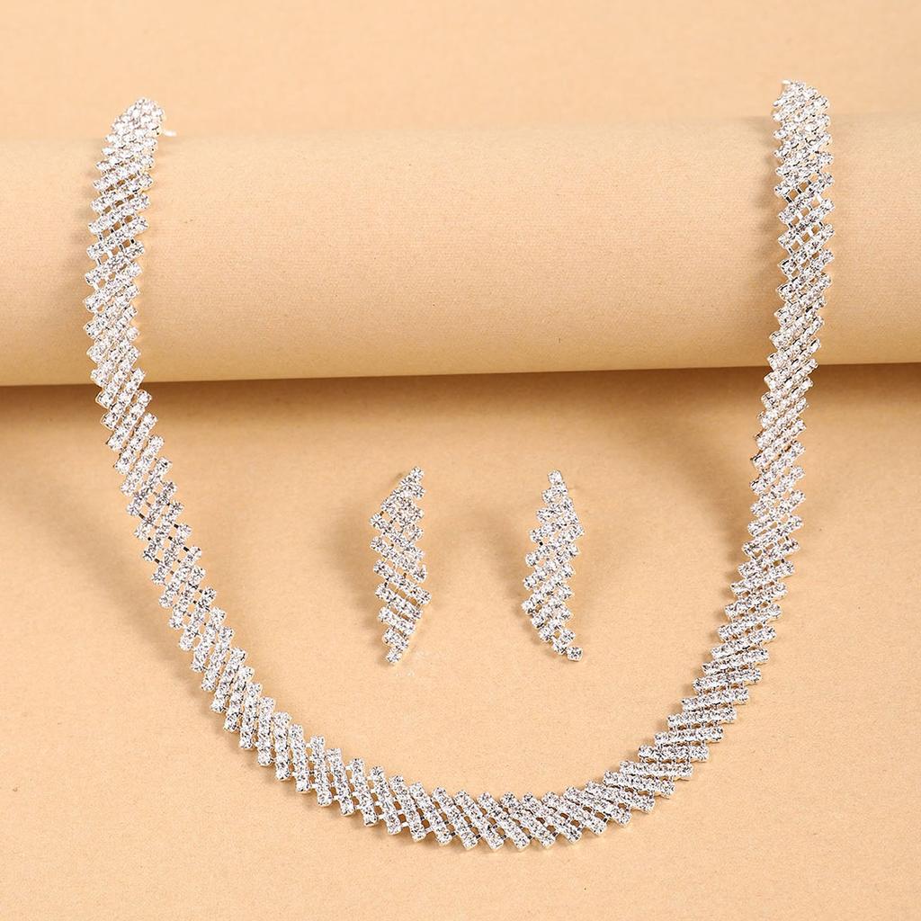 Women's Fashion Geometric Inlaid Zircon Necklace Earrings Bracelet Zircon Set Wedding Party Festival Gift