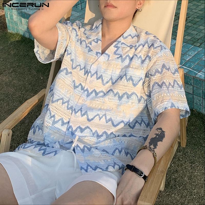 INCERUN Men Lapel Short Sleeve Striped Crochet Hollow Casual Oversized Shirts