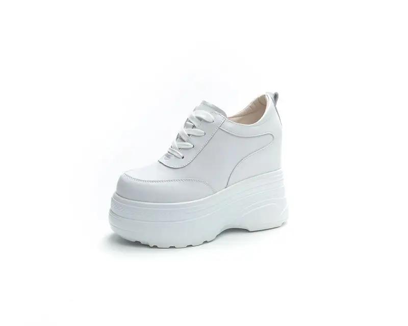 11cm Genuine Leather Women Fashion Platform Sneakers High Hidden Heel Wedge Walking Shoes Brides Wedding Shoes Tennis Shoes