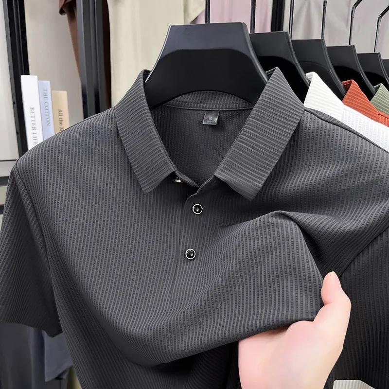 Men's Ribbed Polo Shirt Short Sleeve Solid Color Casual Collared Top for Daily