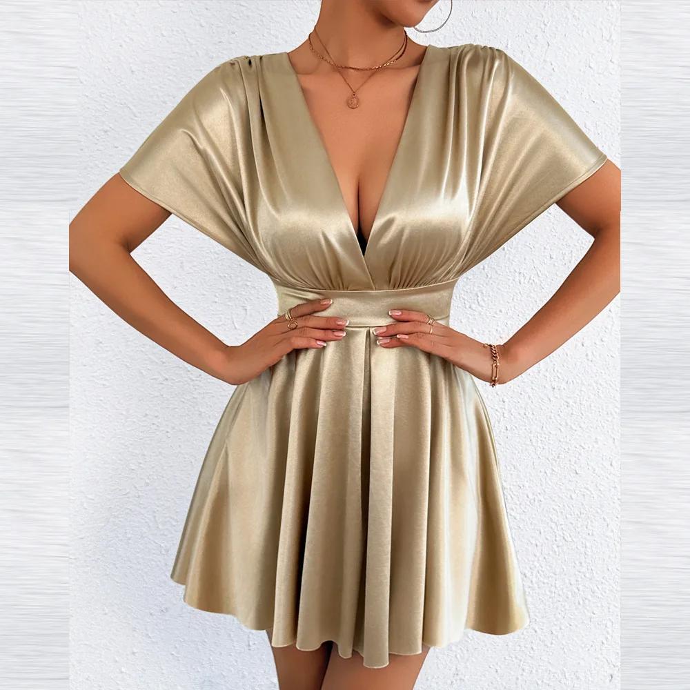Low Cut V Neck Sexy Fashionable Dress Elegant Waist Cinched Summer New Arrival Women's Clothing Short Sleeveless Dress