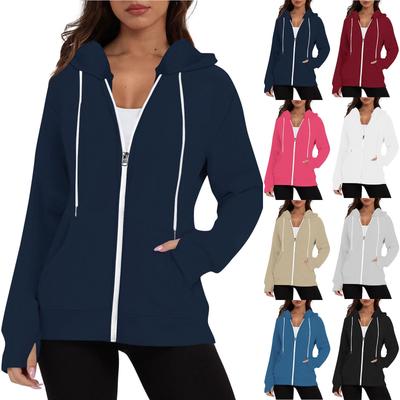 Autumn Spring Women Coat Hooded Drawstring Long Sleeves Pockets Zip-up Elastic Cuff Hem Loose Sport Hoodie Casual Daily Wear Jacket