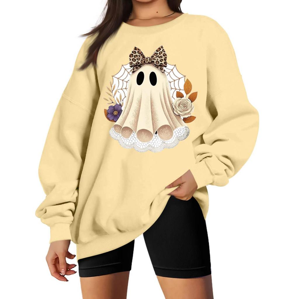 Women's Long Sleeve Neck Sweatshirt Loose Fit Casual Pullover Top with Small Halloween Print