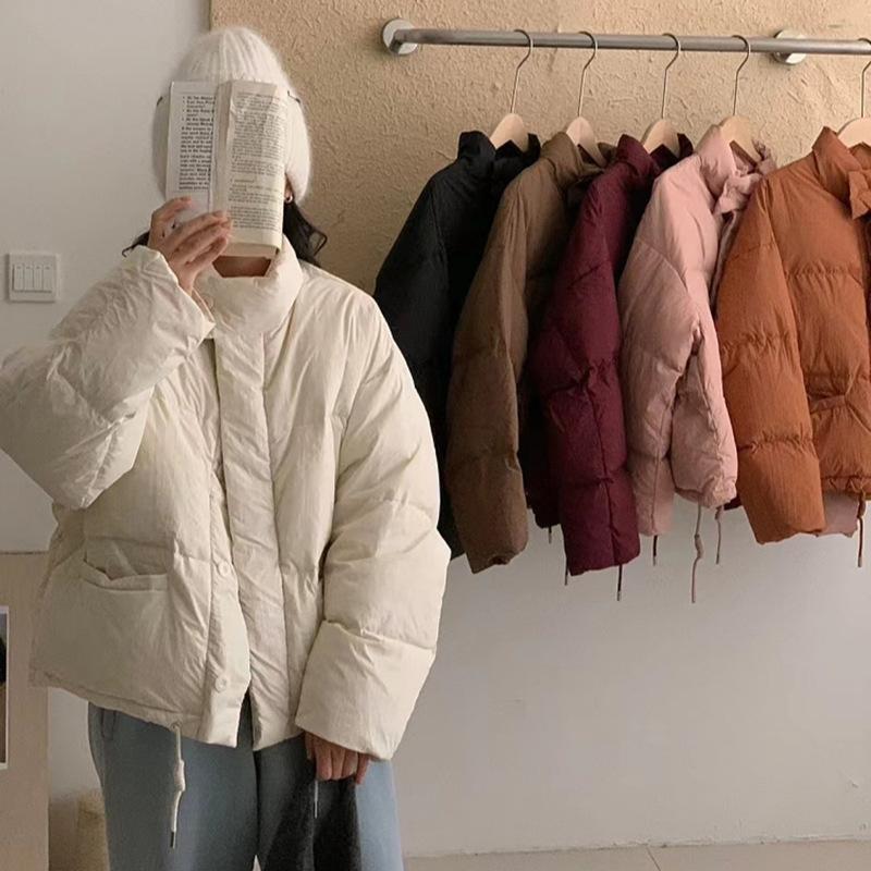 Korean stand-up collar short down jacket women's 2024 winter candy color thickened small white duck down bread jacket
