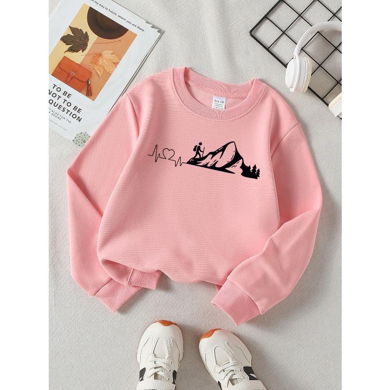 European Sizes Girls' Soft Crewneck Sweatshirt Mountain Hiker Heartbeat Adventure Print, Casual All-Match for Fall Winter, Ideal Present.