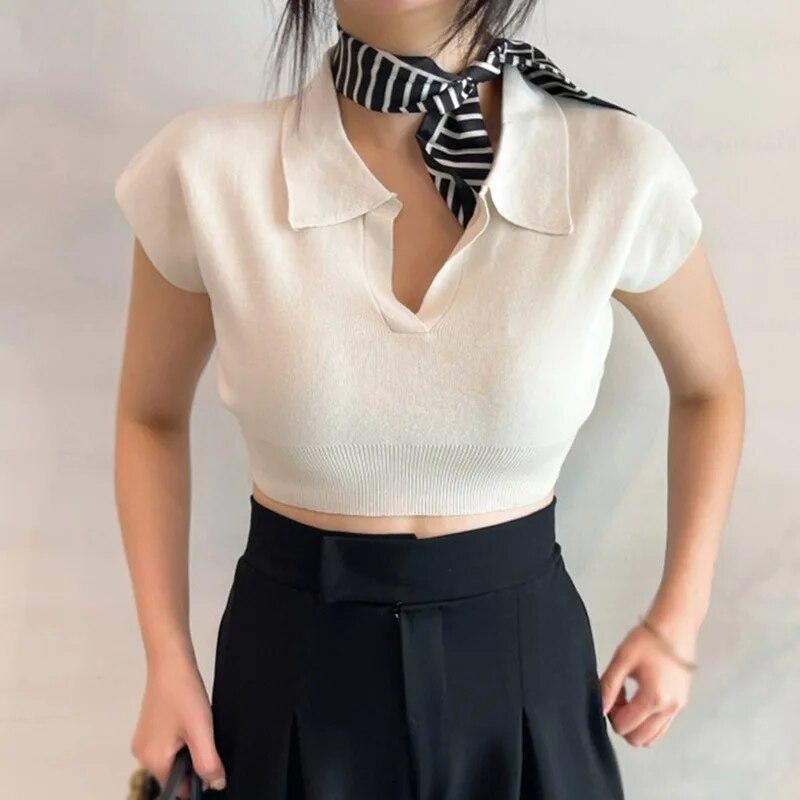 

Женские трикотажные топы с отложным воротником, повседневная тонкая футболка с короткими рукавами и открытым пупком One Size