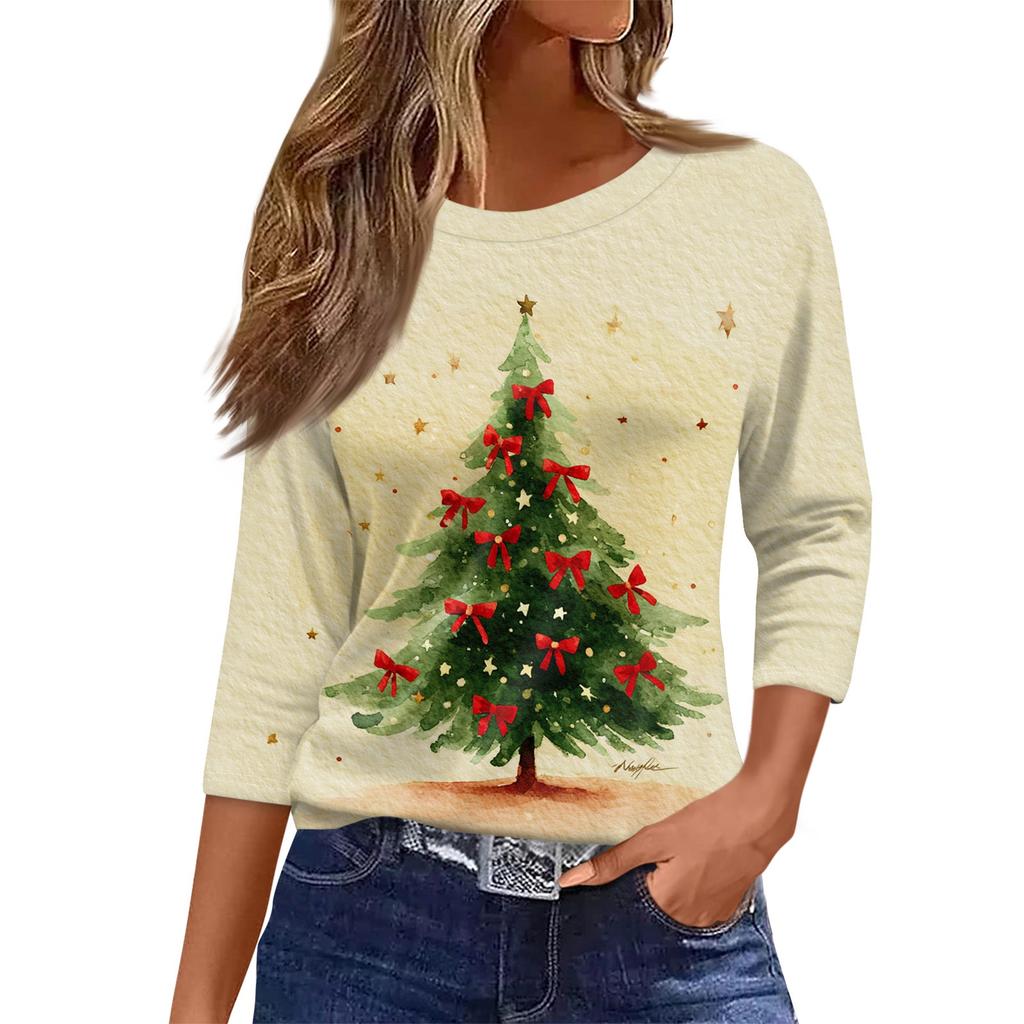 Women's O-Neck 3/4 Sleeve Christmas Print Top