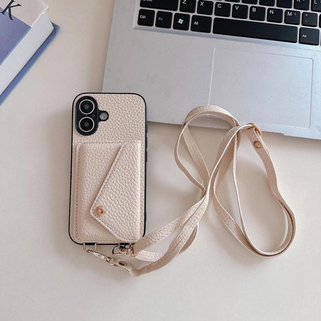 iPhone 17 Case: Lychee Pattern Leather Crossbody Lanyard Card Holder Protective Case for Apple 14 Pro