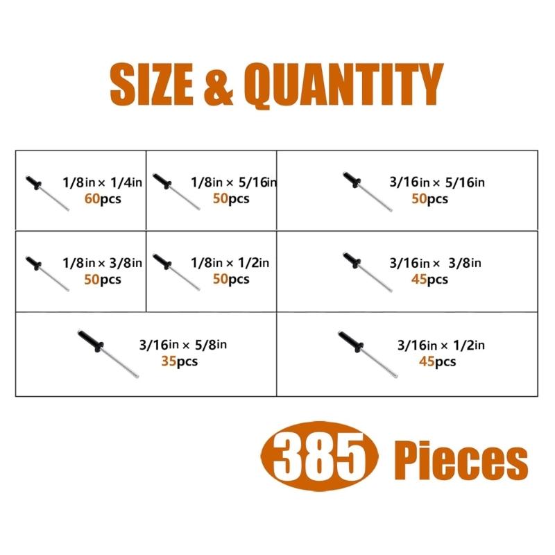 385pcs Metal Blind Rivets Assortment Large Flanges Designs Heavy Duty Fasteners Simple Installation for Secure Fastening