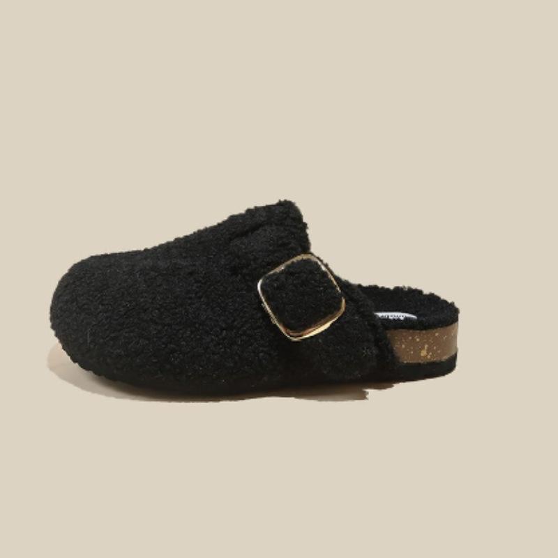 Lamb wool bag head half slippers women's new thick-soled wool slippers autumn and winter wear half-support single shoes