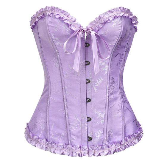 Women Corset Top Shapewear Waist Cincher Gothic Overbust Strapless Bra Ruffle Trim Lace-up Boned
