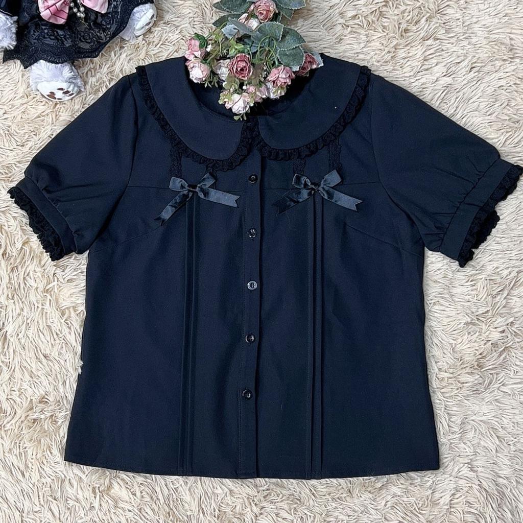 Japanese Lolita White Shirts Women Preppy Kawaii Bow Lace Black Blouses Summer Harajuku Cute Peter Pan Collar Short Sleeve Tops