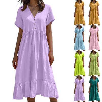 Omen's Fashion Color Short Sleeve Cotton Linen Patchwork Pleat Dress
