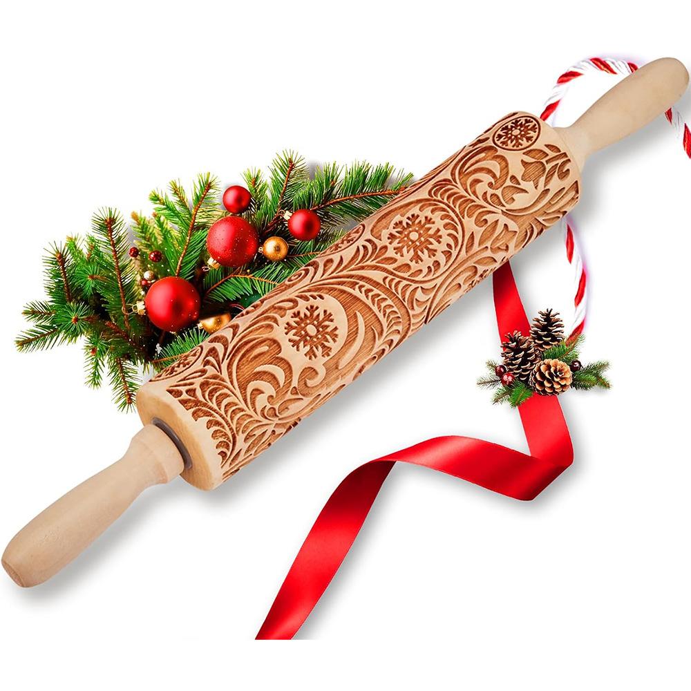Wooden Embossed Snowflake Pattern Rolling Pin for Decorative Baking
