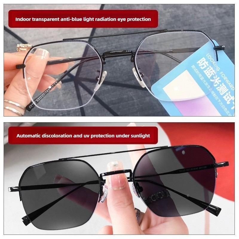 Business Rectangular Half Frame Glasses Pochromic Anti Radiation Eyewear