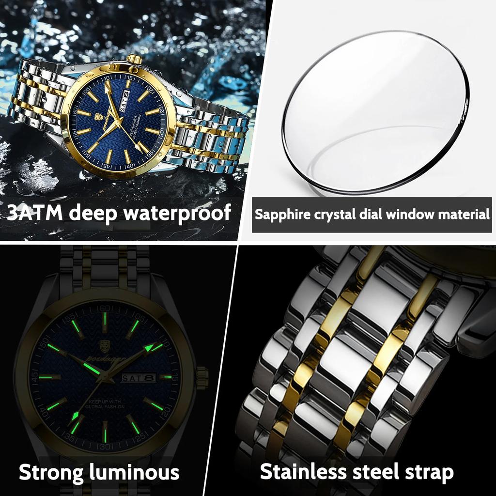 Luxury Watch For Man Waterproof Luminous Date Week Stainless Steel Men Watch Casual Quartz Men's Watches Male Clock