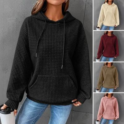 Dámská podzimní zimní mikina s kapucí, silná vaflová textura, kapuce, dlouhé rukávy s velkou kapsou, jednobarevná, volná, elastické manžety, stahovací šňůrka, sportovní top