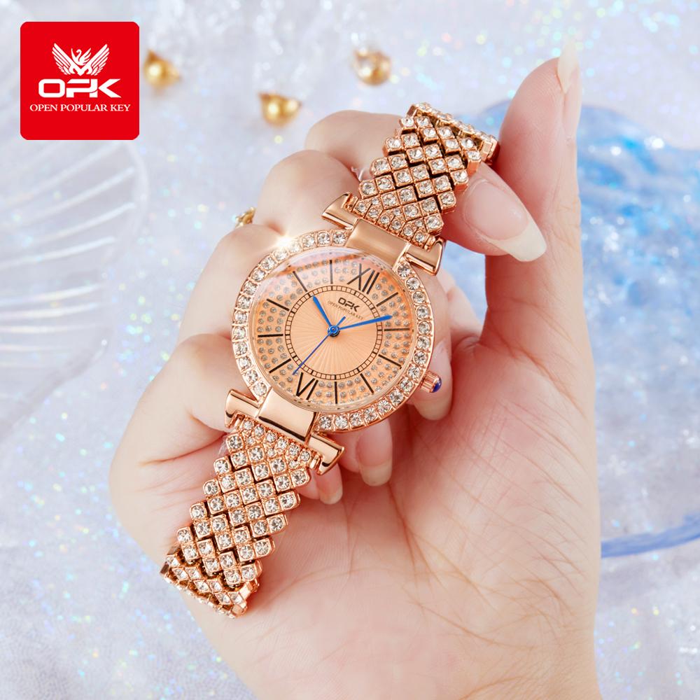 OPK 8618 Full Diamond Quartz Wristwatch for Women Waterproof Steel Strap Fashion Elegant Ladies Dress Watch Original Reloj
