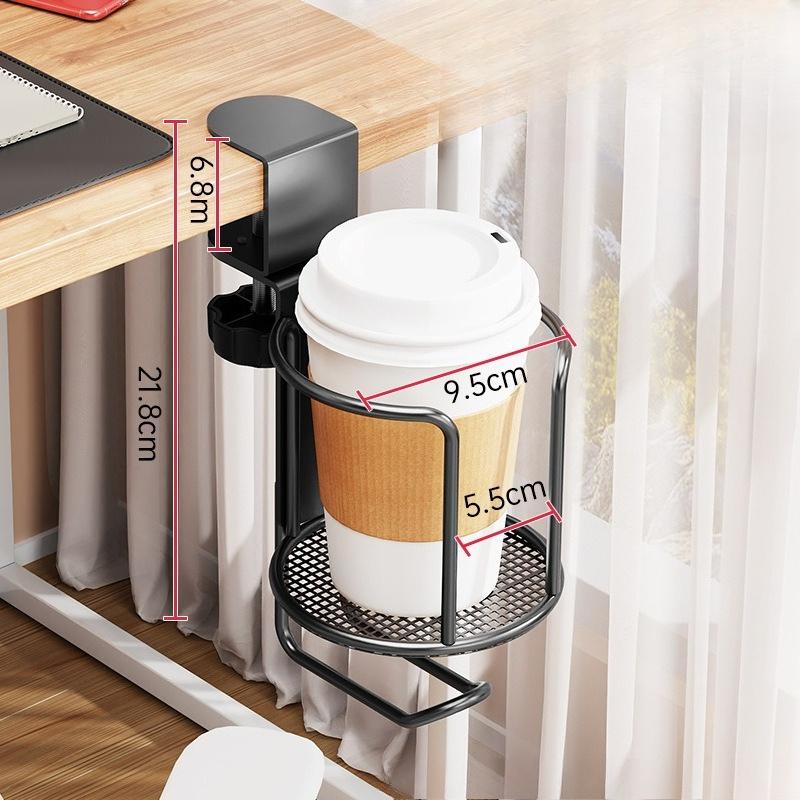 Desk Cup Holder Clamp for Office Desktop - Side Mounted Beverage Bracket with Hook for Headphones & School Bags, Space-Saving