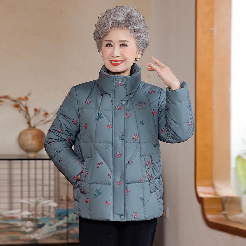 

Mom s Floral Winter Duck Down Jacket - Warm, Thick, White Outerwear for Middle-Aged & Elderly 3XL (Recommended 135-145 lbs) синій