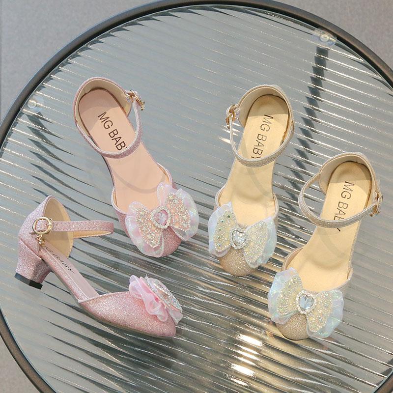 Girls Elegant Low-heeled Girls Mary Jane for Party Wedding 2024 Summer New Bow Rhinestone Sweet Princess Kids Fashion Sandals
