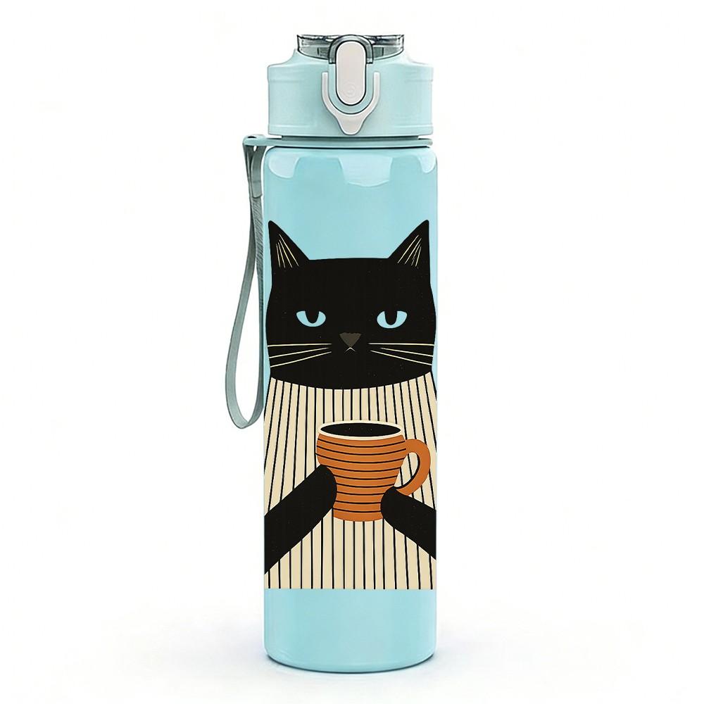 1PC Black Cat Coffee Cup 750ml Color Plastic Sports Water Bottle Leakproof Flip Straw Lid Suitable for Sports Office Home Use