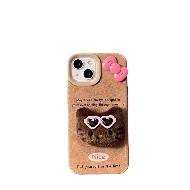 Cartoon Cute and Creative Plush Kitty Bow, Suitable for Apple 16promax, Brown Veneer 15/13