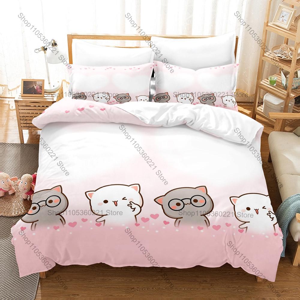 Personality Adorable Peach And Goma Cat Bedding Set New Sweet Couple Printed Duvet Cover Soft Bed Set For Girls Kids Room