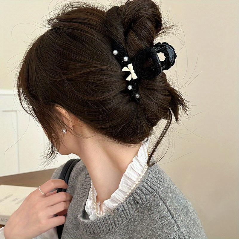 Elegante handgemachte Strickgarn-Bögen Haarklammern Damen Haarschmuck Koreanische mittelgroße Perlenspange Herbst Winter Kopfbedeckung