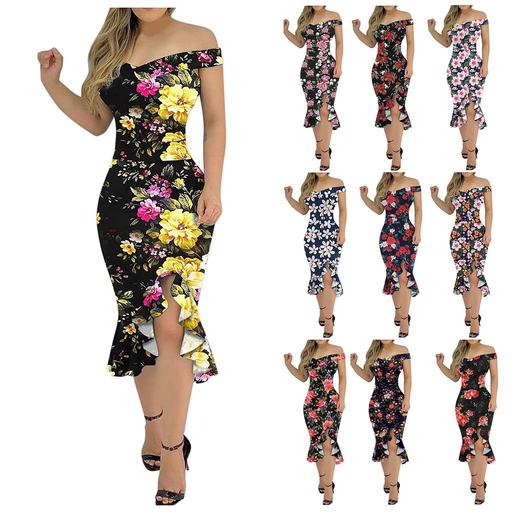 Fashion Women's Loose Sexy Prints One Shoulder Irregular  Ruffle Hip Dress