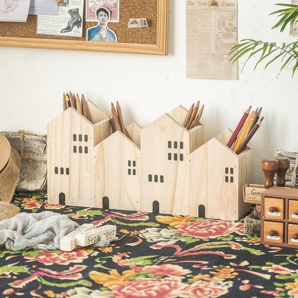 2PCS/Set House-Shape Makeup Brush Organizer Wood Desktop Ornament Back To School Gift