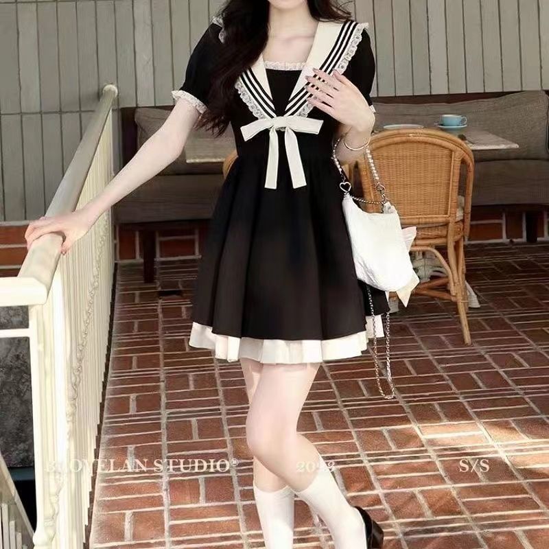 Large Size College Style A-shaped Dress Women's Summer Navy Collar Bow Short Skirt Fat MM Belly Covering and Thin Skirt