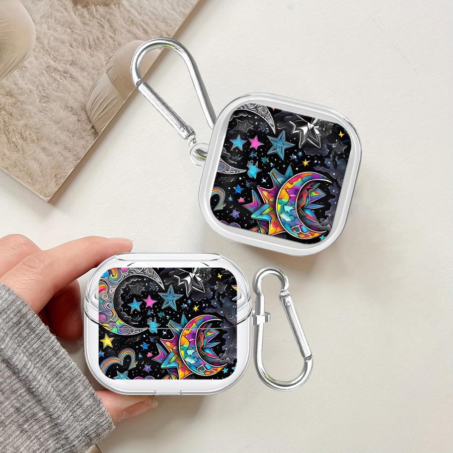 Clear Earphone Cases Cover With Hook Case For Samsung Galaxy Buds 4 Pro Live 2Pro 2 4Pro 3Pro 3 FE Star Moon Pattern