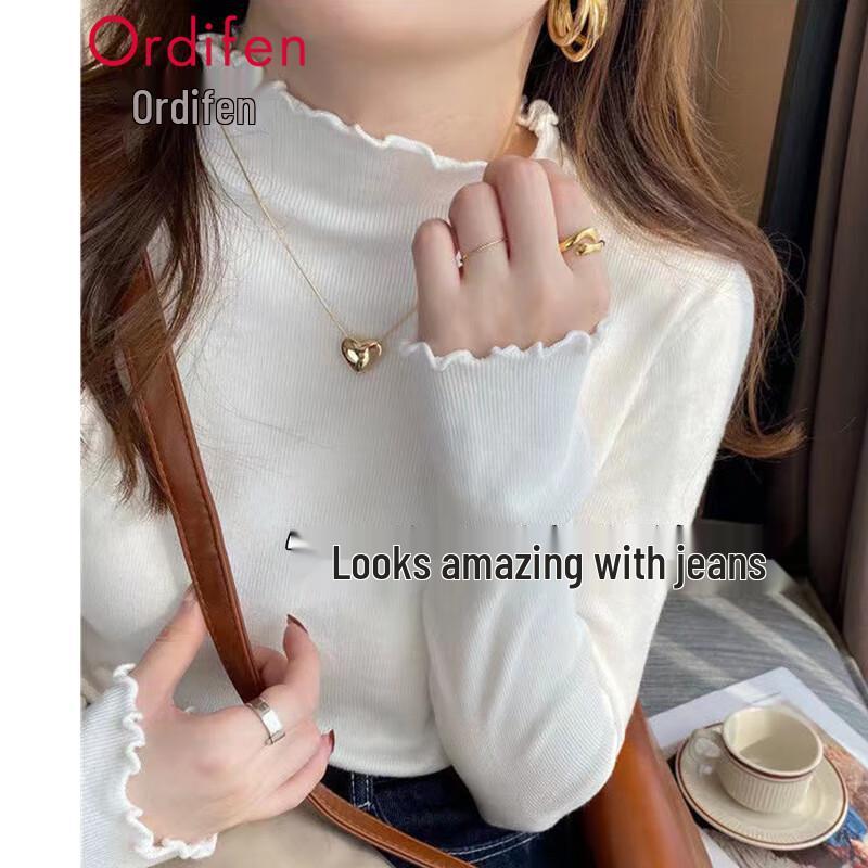 Ordifen Women's Semi-High Collar Ruffled Knit Sweater