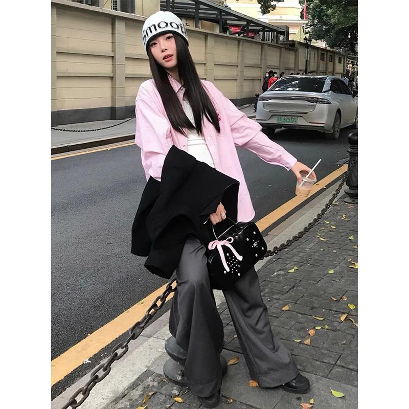 Women's Spring/Summer Pink Striped Shirt with Japanese Sweet Rabbit Embroidery - New Lazy Style Design