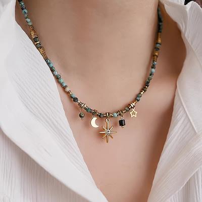 Vintage Elegant Imitation Natural Stone Necklace with Star Pendant Versatile Accessory for Women Parties Weddings Casual Attire