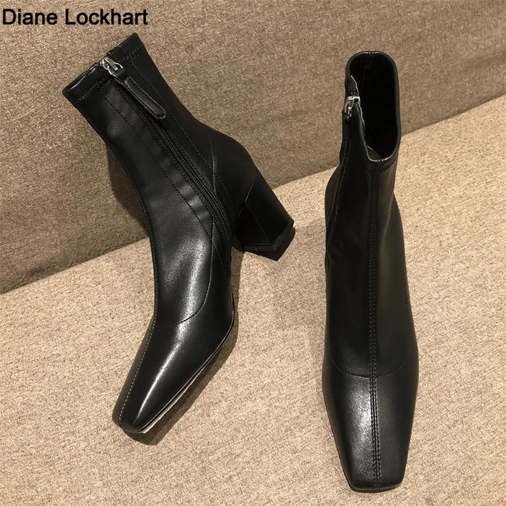 Fashion 2025 Autumn Winter Thick Heel Shoes Fashion Women Ankle Boots Sexy Square Toe Yarn Elastic Socks Boots Zip Boot Size 33-40 Black