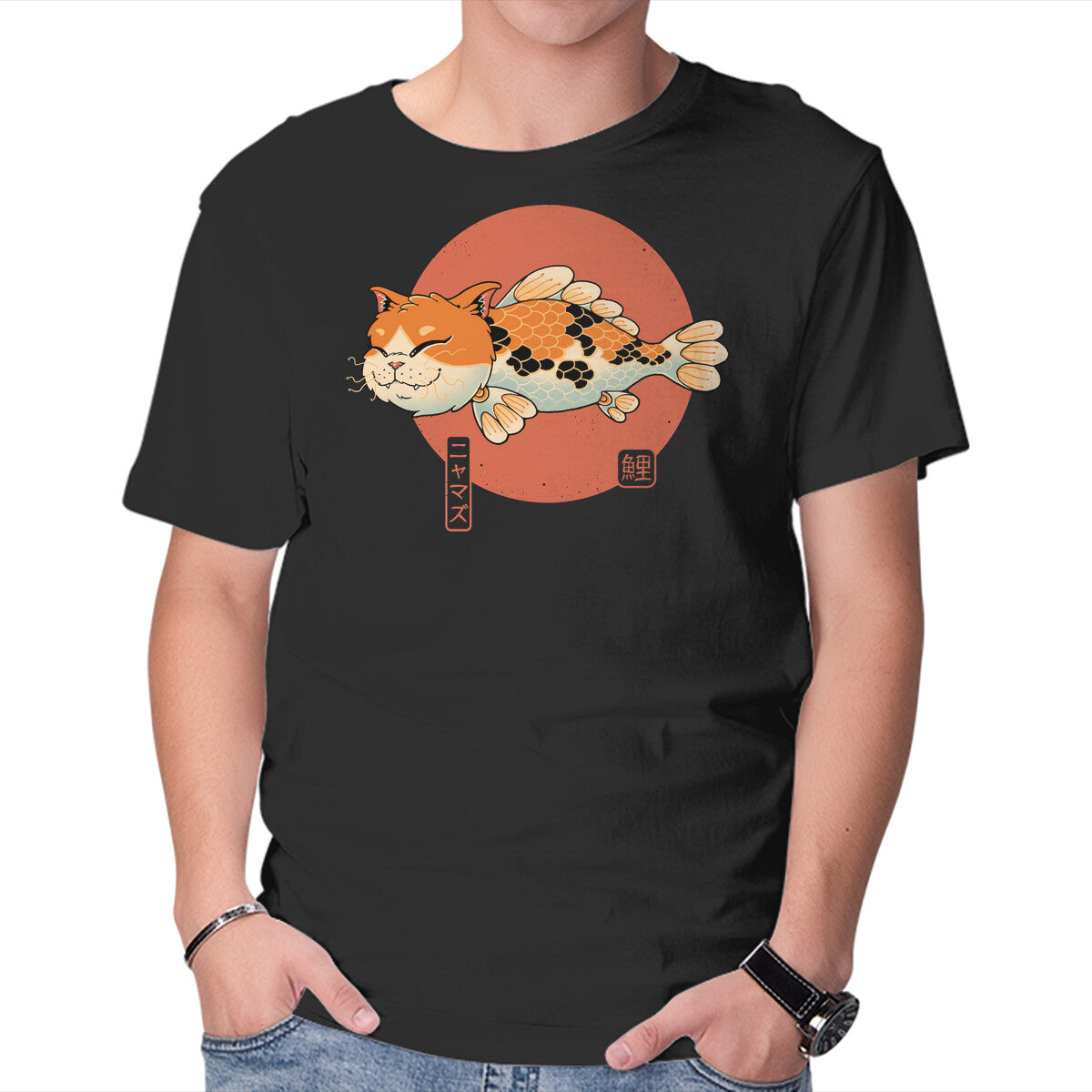 Unisex Crew Neck T-Shirt Cat Fish Koi Graphic Short Sleeve Casual Tee XL