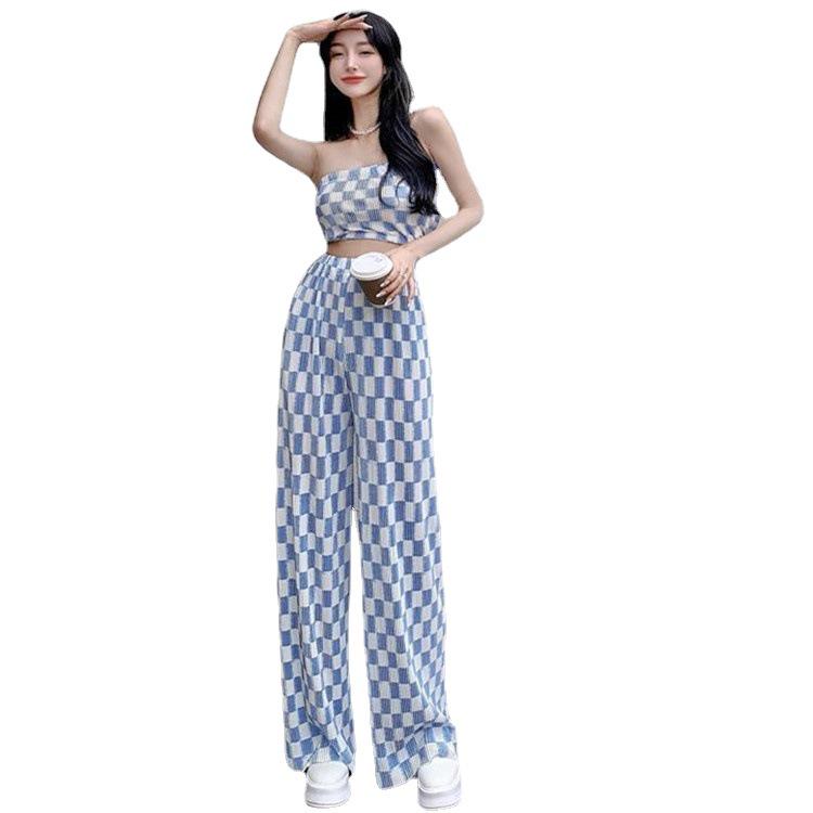 Women's Summer Plaid Two-Piece Suit: Trendy Korean Tube Top with Wide-Leg Trousers