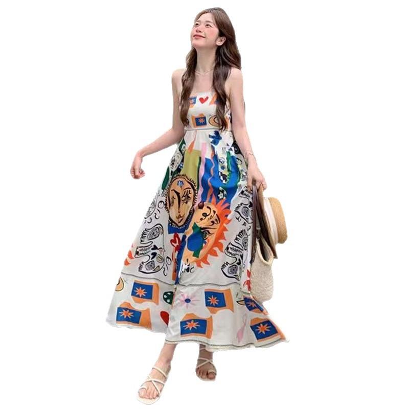 Retro ethnic style suspender dress women's summer seaside vacation graffiti print sleeveless vest lazy style long dress