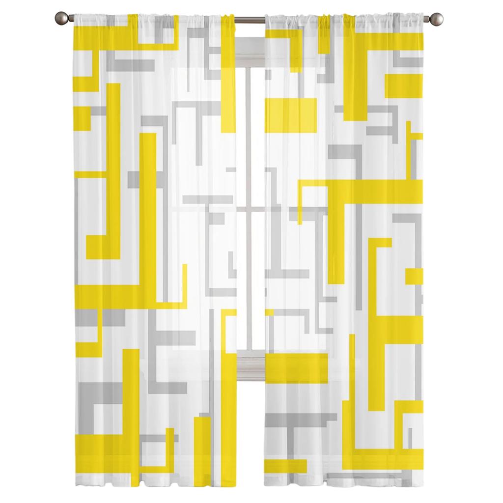 Luxury Art Geometry Yellow Grey Curtains Living Room Printed Tulle Window Curtain Home Balcony Decor Drapes Light Filtering For Area Made Of Polyester