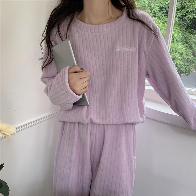 Damen Dickes Flanell Korallenfleece Pyjama Set - Niedlicher Langer Cardigan Homewear für Herbst und Winter