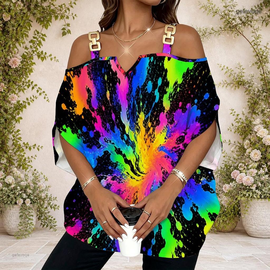 Women Plus Size Cold Shoulder Top American Flag Print V Neck Short Sleeve Casual Blouse
