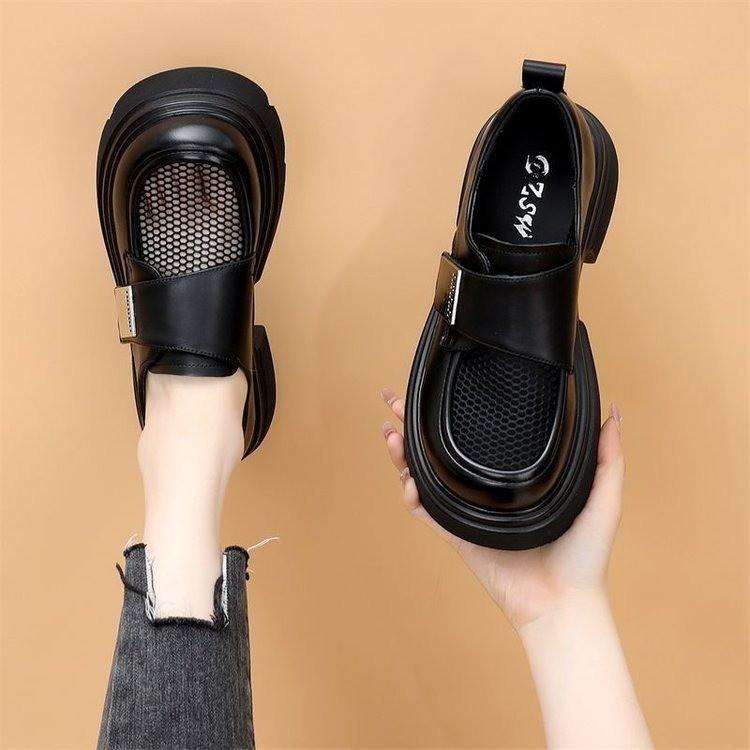 Microfiber loafers women's mesh breathable 2024 summer and autumn new Velcro thick-soled Baida British height-increasing small sandals