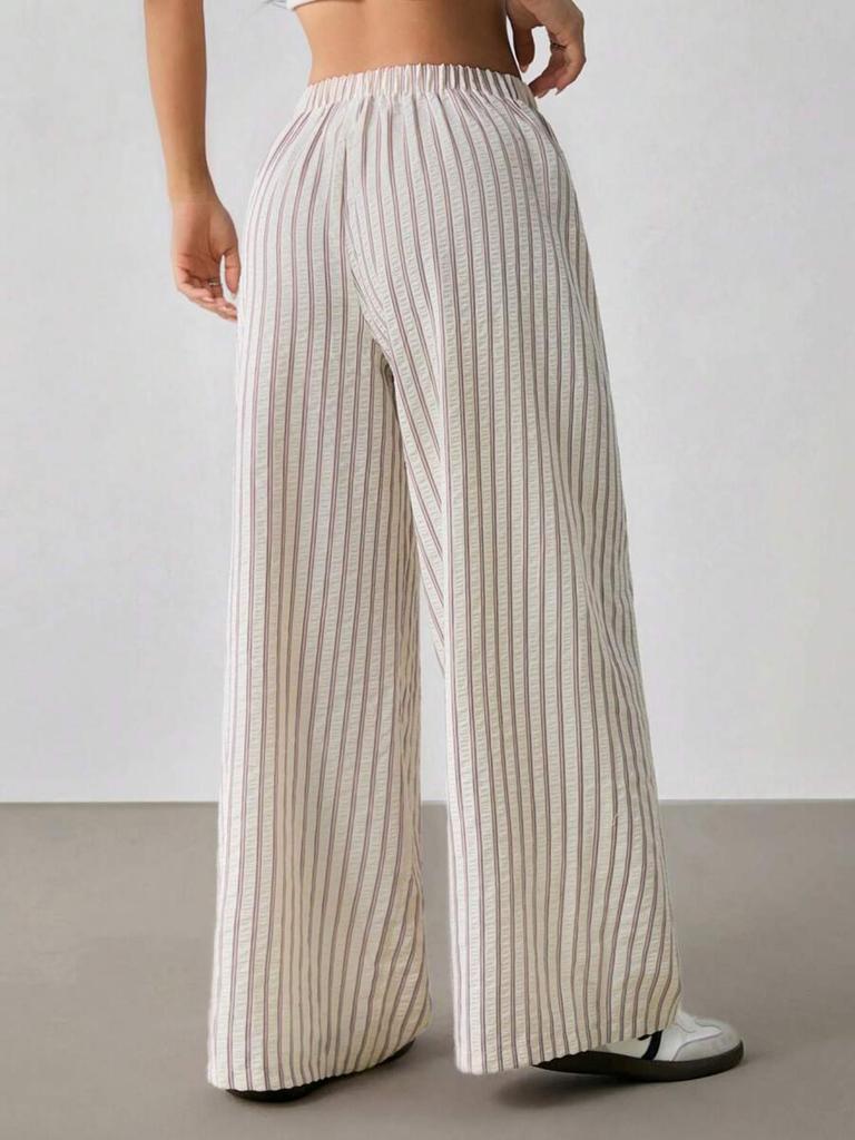 Dámské pruhované kalhoty s elastickým pasem a rovnými nohavicemi