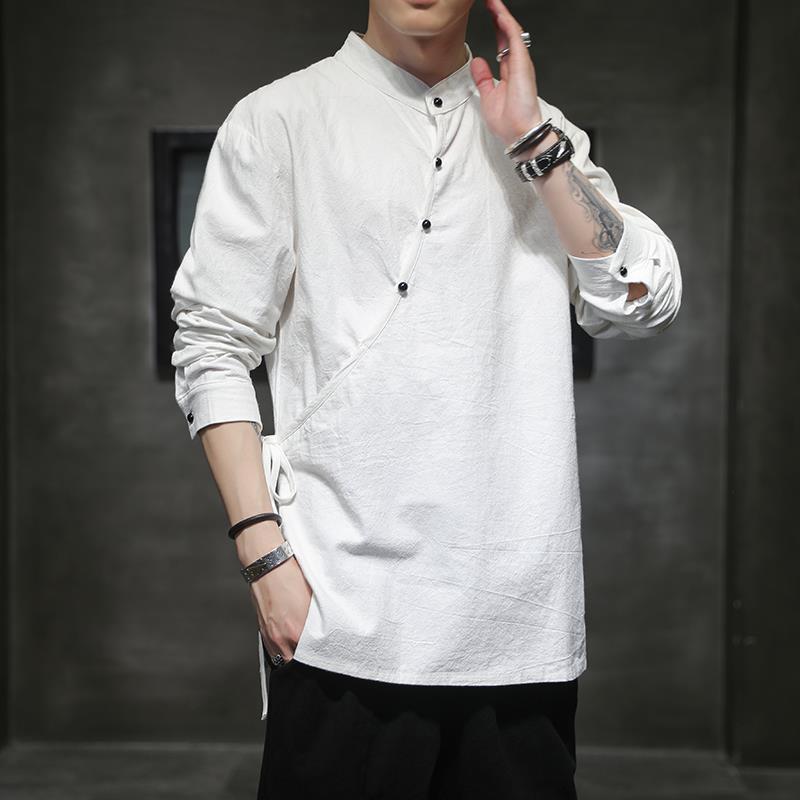 National Style Slanted Collar Hanfu Meditation Shirt: Men's Long-Sleeved Cotton Linen Tee in Chinese Design